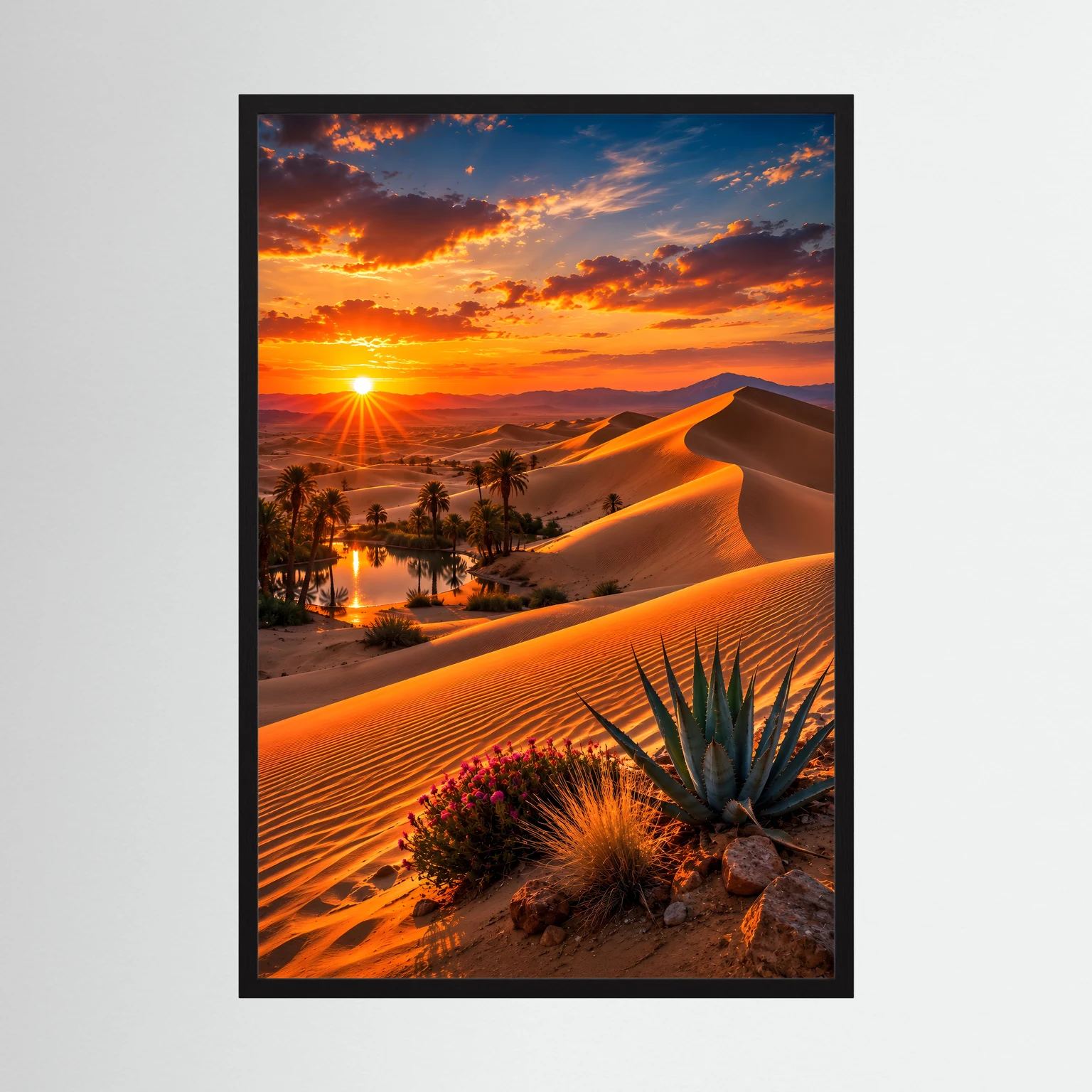 Hochformatiges Wüstenlandschafts-Poster mit Sonnenuntergang, schwarzer Rahmen