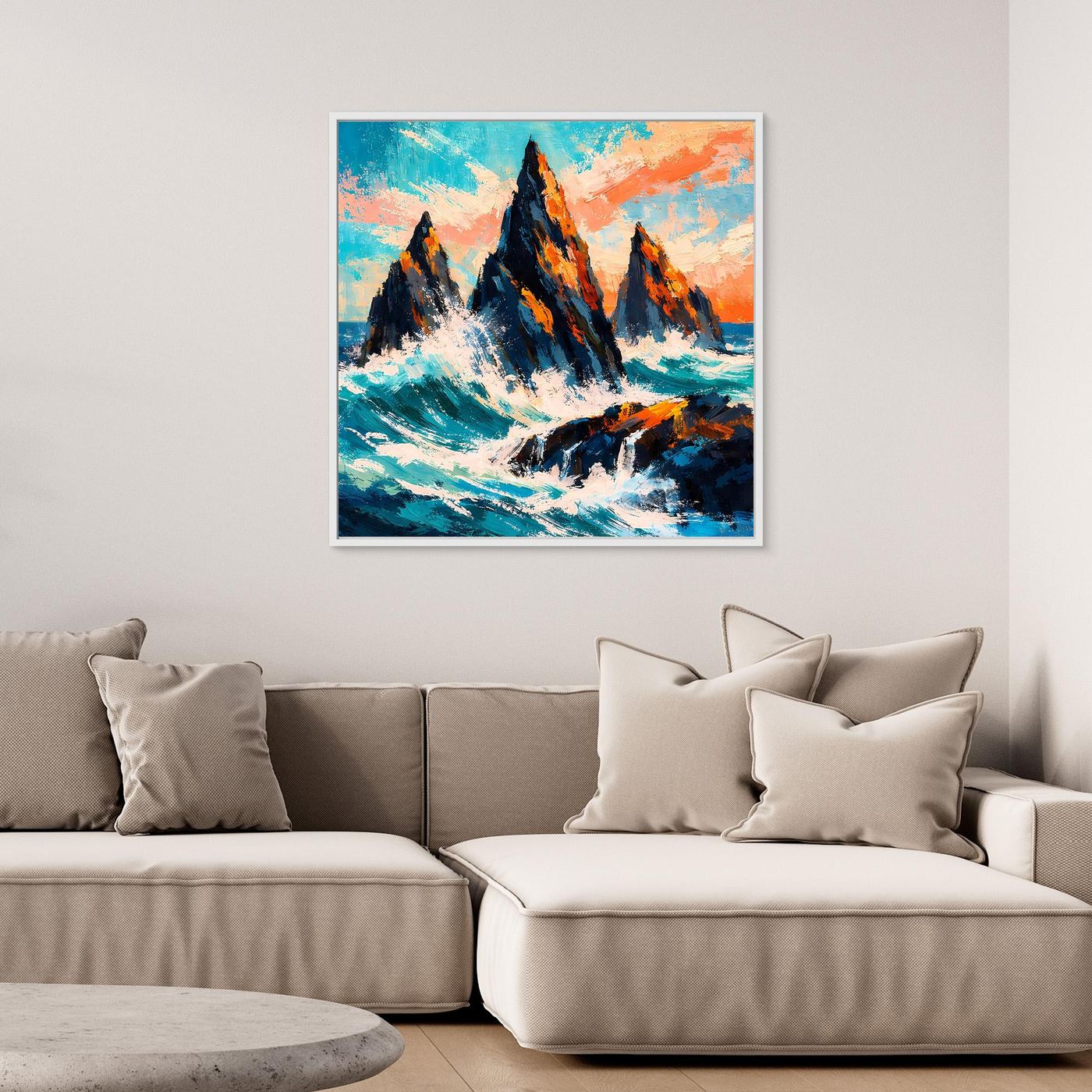 Gerahmtes Leinwand-Wandbild: Klippen und Brandungswellen, kräftige Blau- und Orangetöne