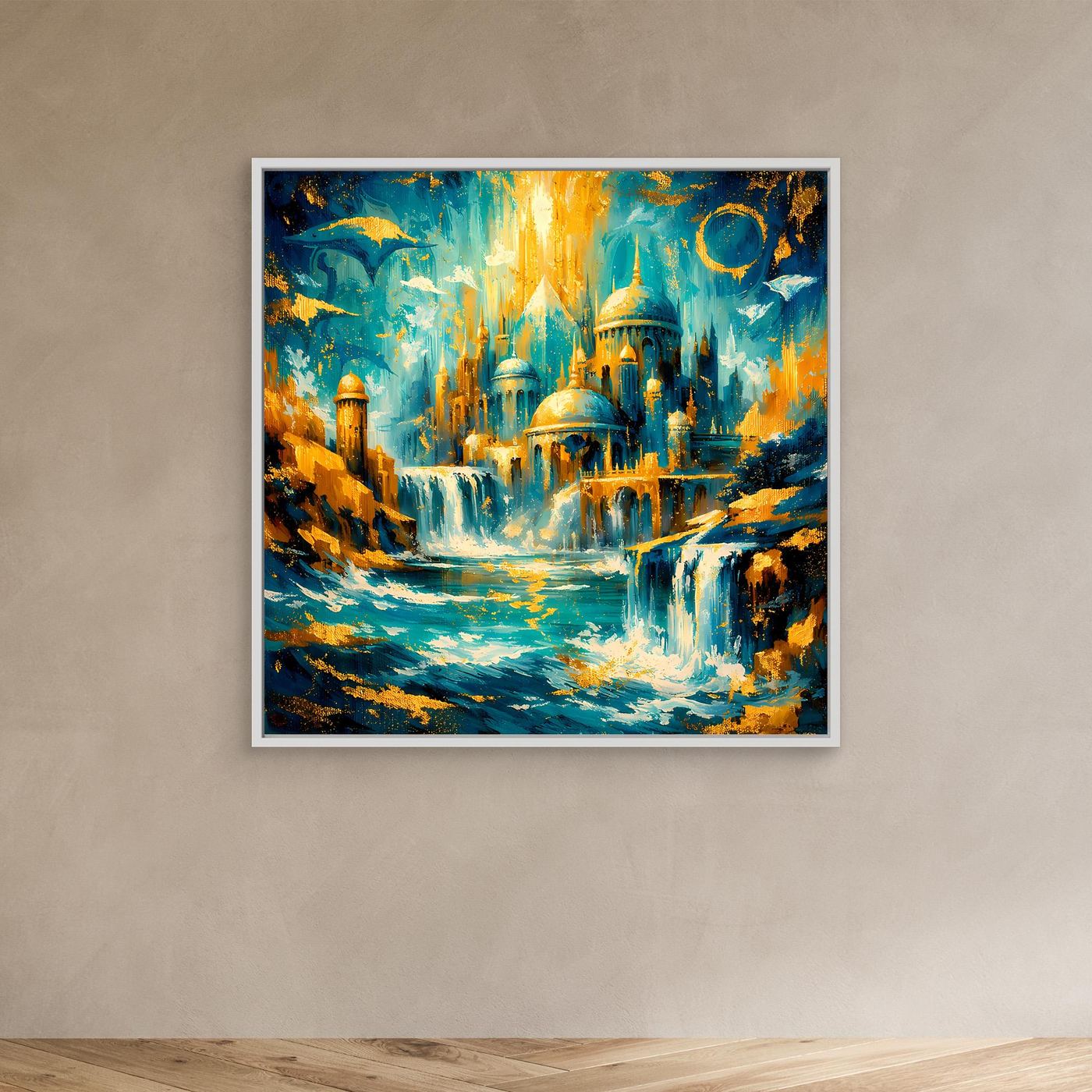 Leinwandbild Fantasystadt mit blauem Palast und goldenen Lichtern, weißer Rahmen