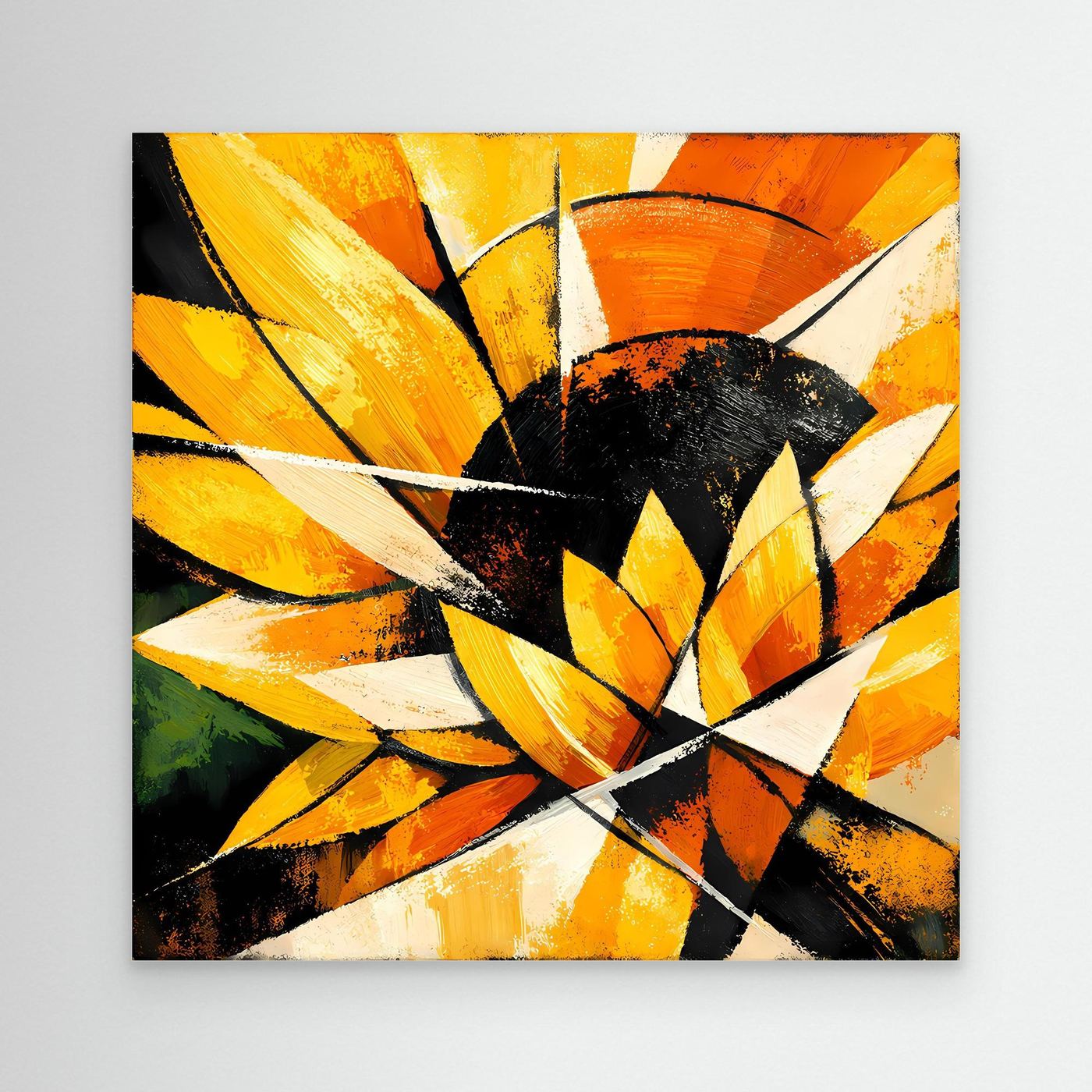 Abstraktes Leinwandbild Sonnenblume: gelbe und orange Blüten, schwarzer Kern, weißes Strahlen, schwarzer Rahmen