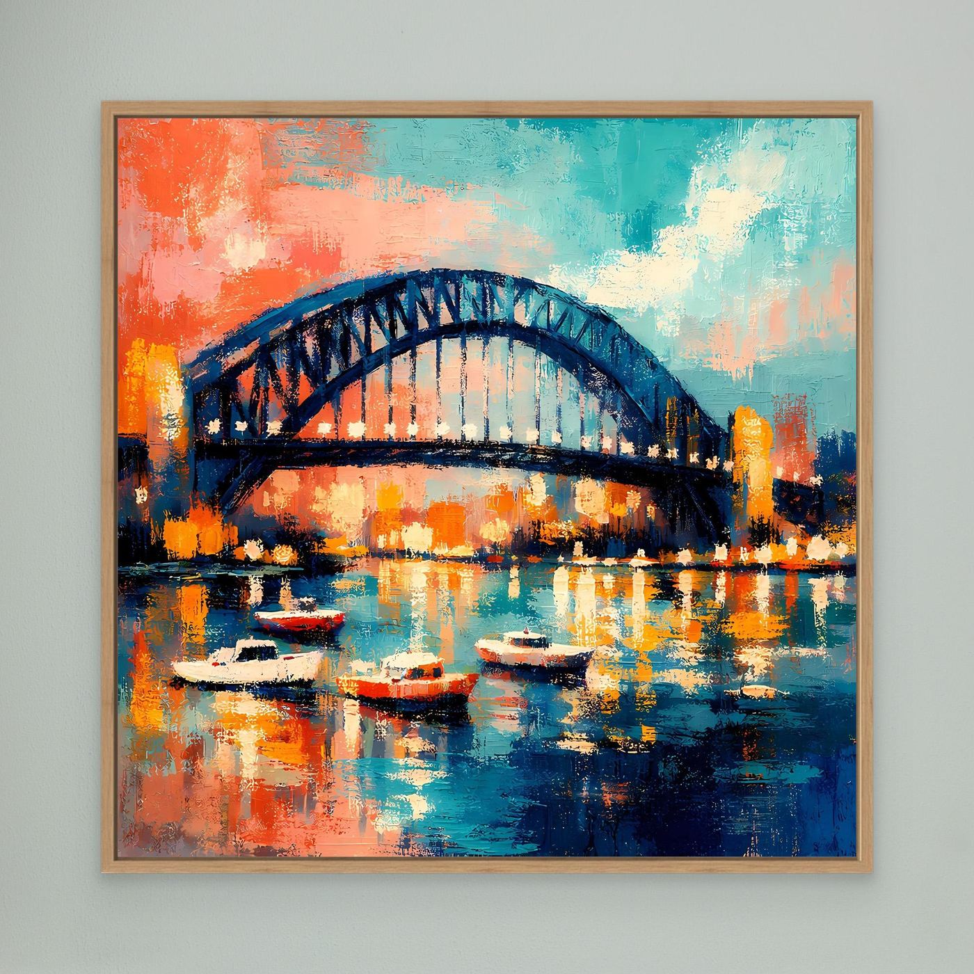 Abstraktes Leinwandbild mit Harbour-Brücke, Booten und Reflexen im Wasser, Eichenrahmen