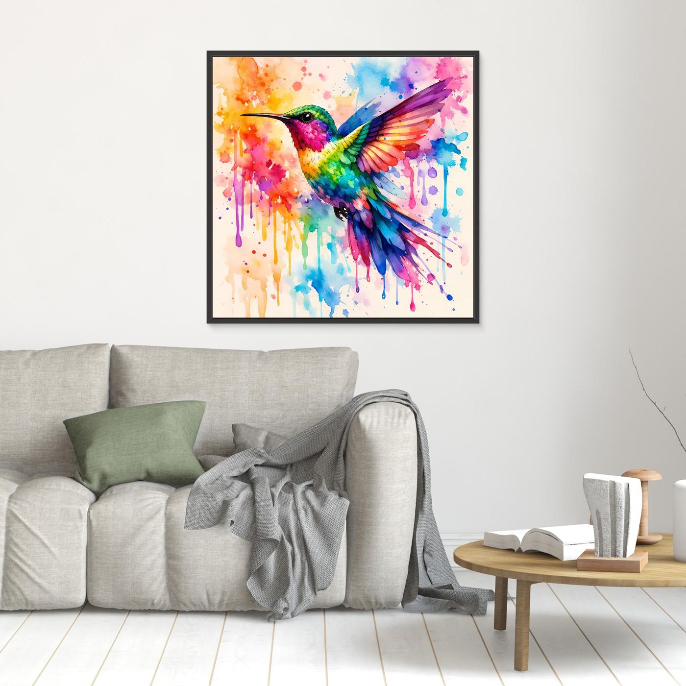 Leinwandbild Kolibri im Aquarell, klein mit schwarzem Rahmen