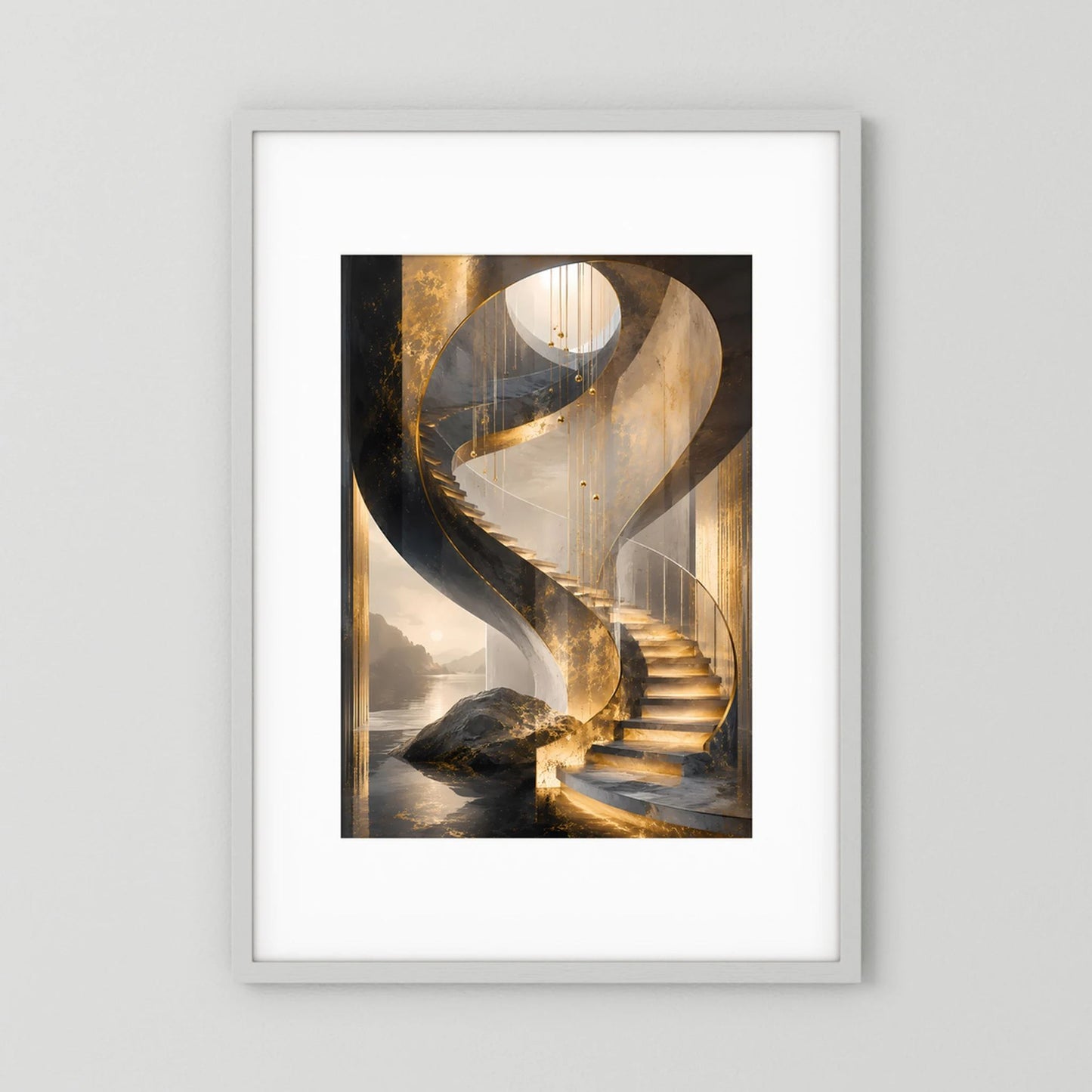 Poster im Hochformat mit schwarz gerahmtem Bild: goldene Wendeltreppe auf hellem Hintergrund.