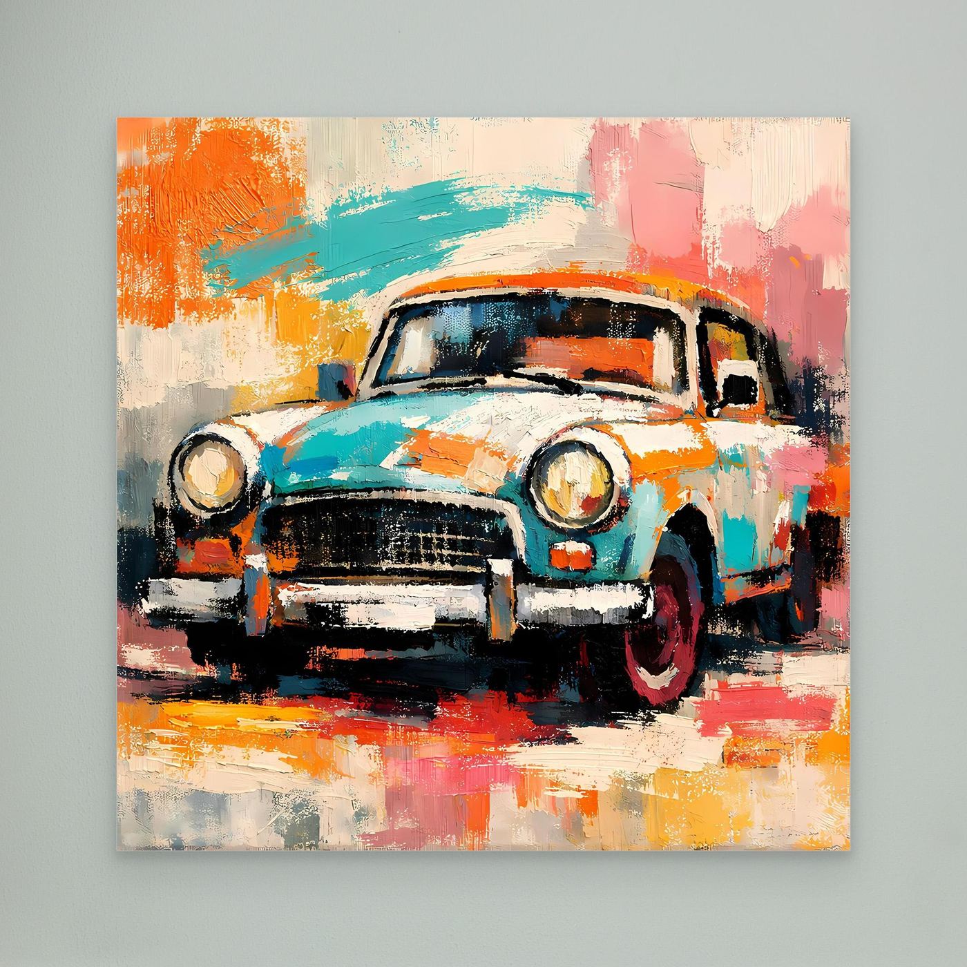 Abstract vintage car canvas wall art, teal orange pink brushstrokes