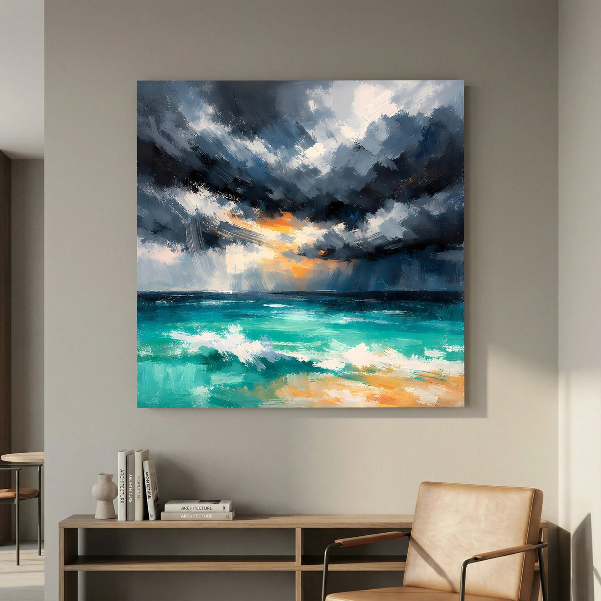 Abstraktes Wandbild: dramatischer Himmel mit Wolken über türkisblauem Meer, orangefarbene Linien