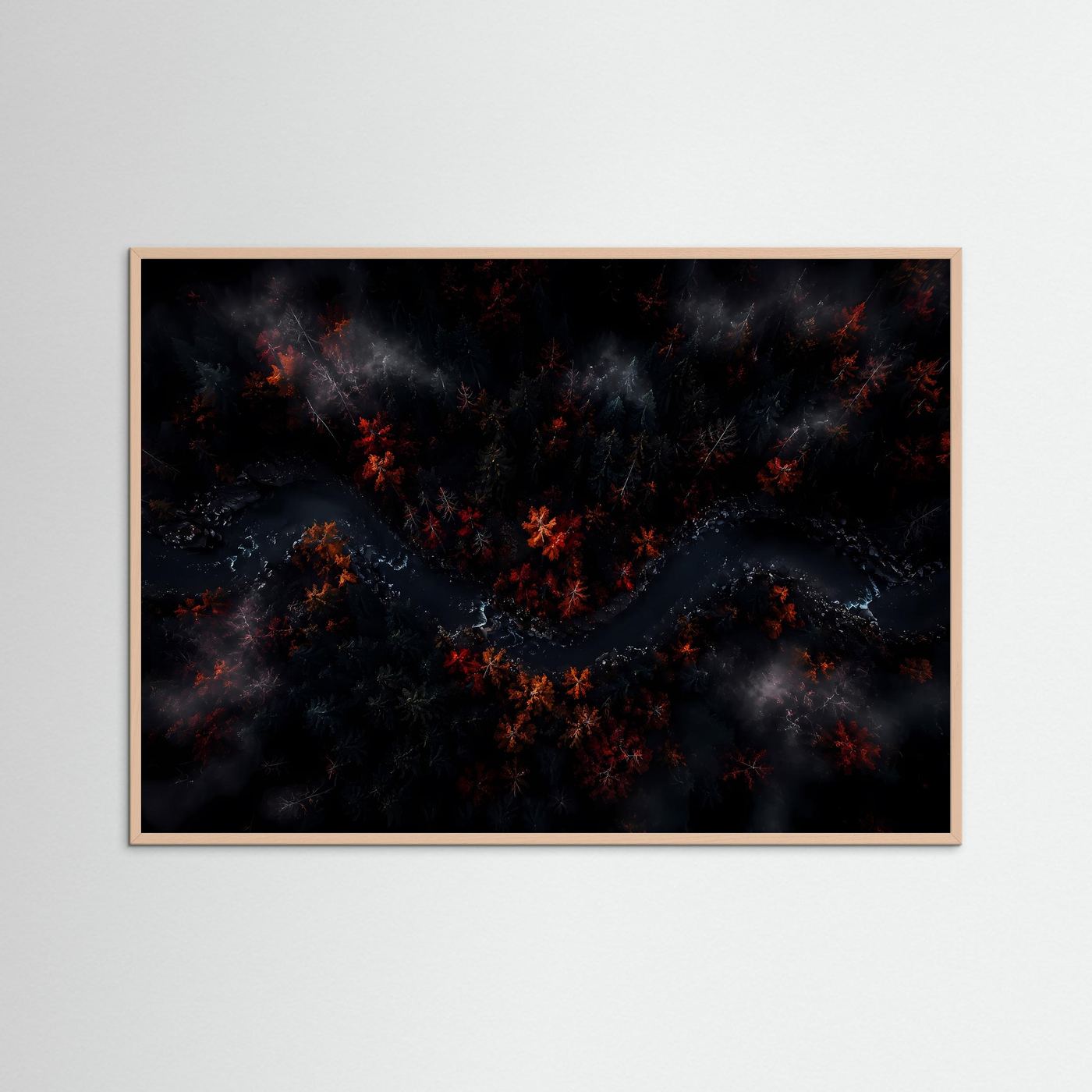Mystischer Wald aus der Vogelperspektive | Dunkles Herbst Landschaftsbild | Atmosphärische Waldkunst mit Fluss | Modernes Natur Poster | Premium Leinwand