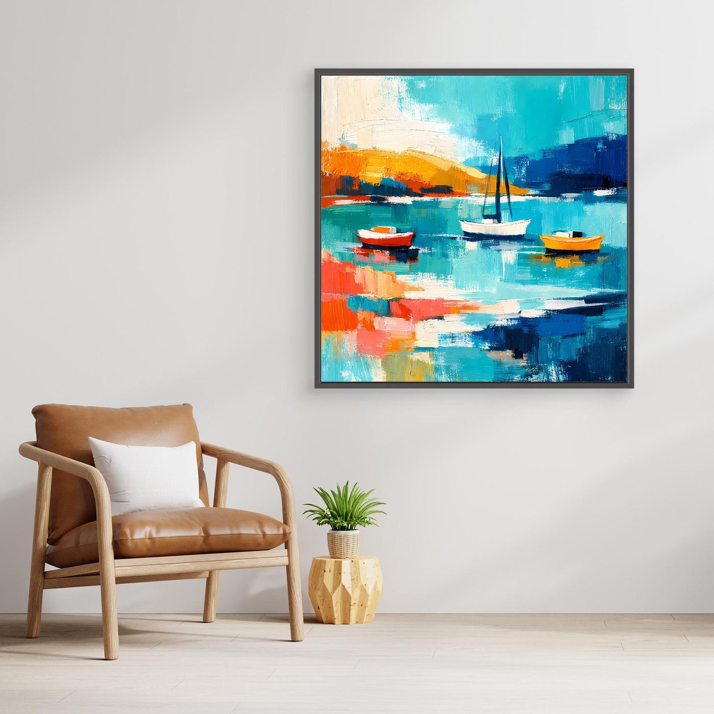 Abstract sailboat wall art with dark frame, teal and blue water with orange boats