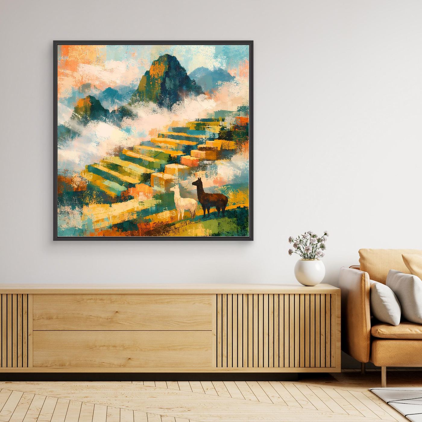 Abstraktes Wandbild mit bunten Terrassen und Lamas, im schwarzen Rahmen