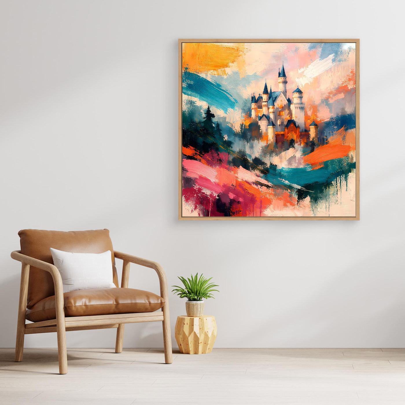 Premium Leinwand Märchenhaftes Schloss in abstrakten Farben | Modernes Castle Wandbild