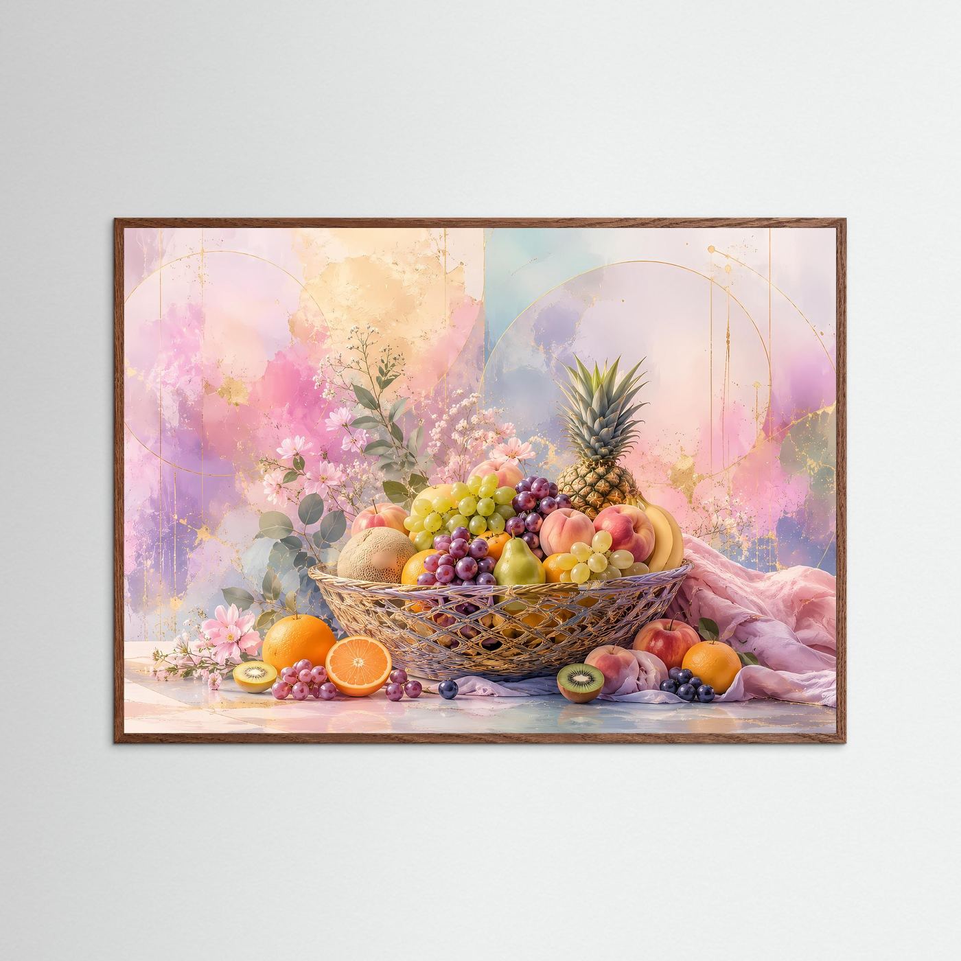 Abstrakter Obstkorb in Pastell | Elegantes Stillleben mit Früchten & Blüten