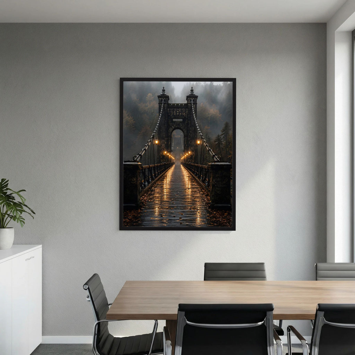 Hochformat-Poster mit Hängebrücke in der Dämmerung und warm leuchtenden Laternen