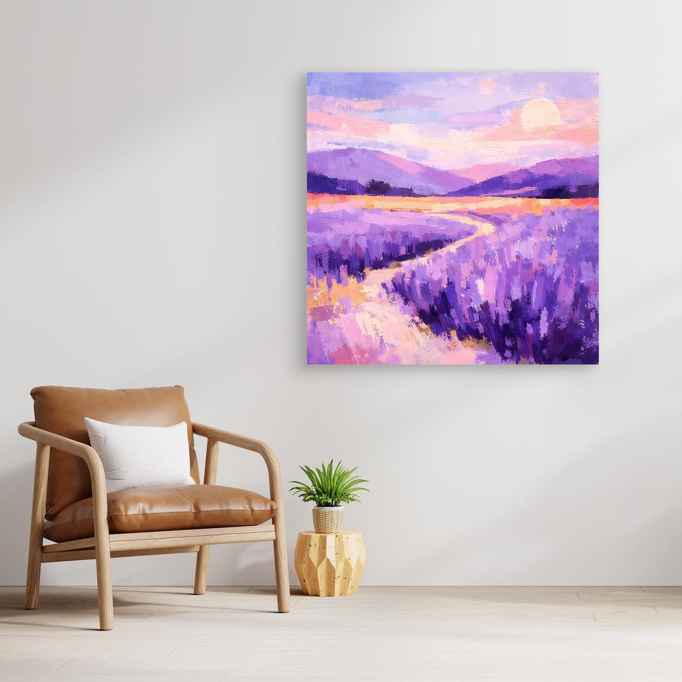 Wandbild mit Lavendelfeld, lila Farbflächen und Bergen, ohne sichtbaren Rahmen