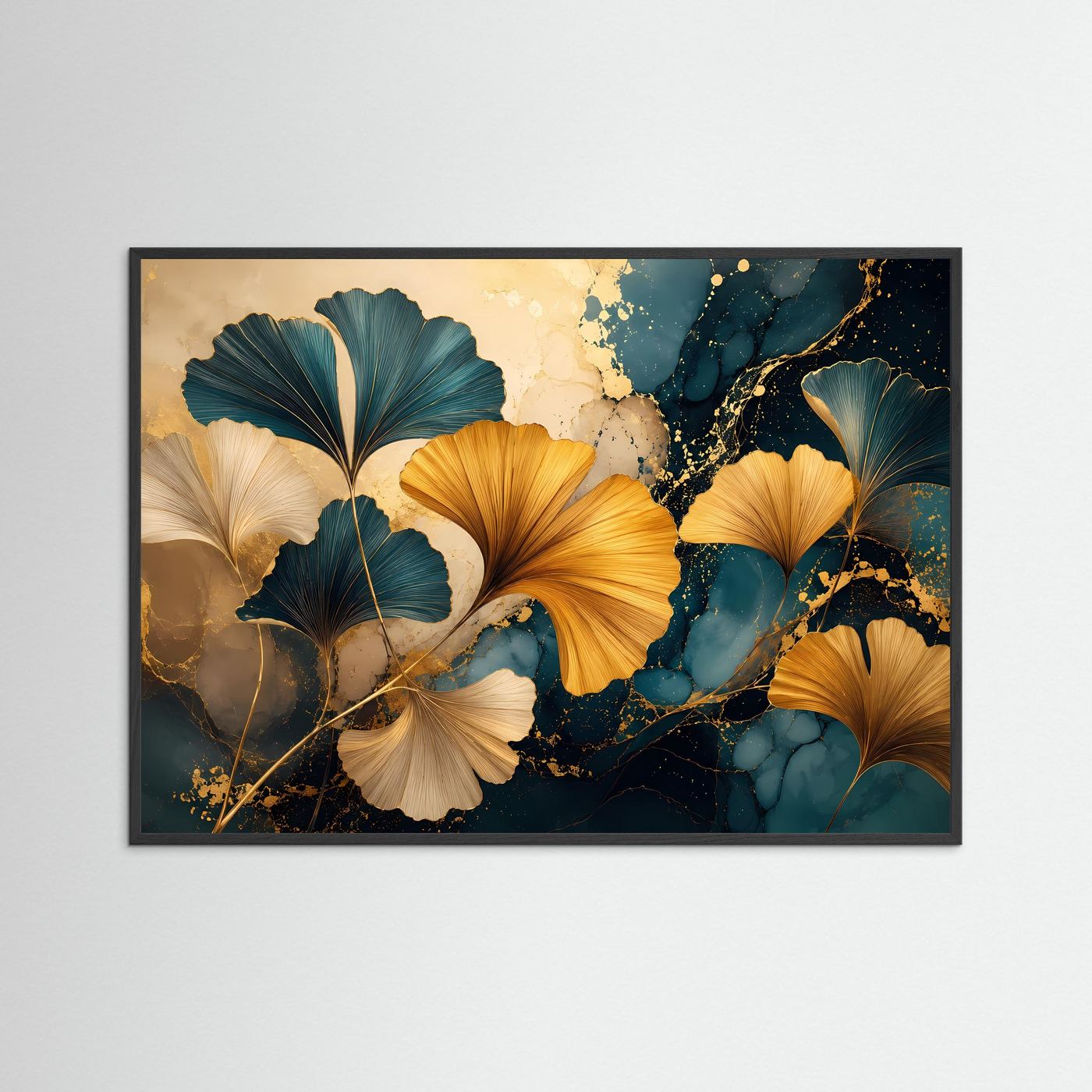 Ginkgo Blätter in Gold & Petrol | Elegante abstrakte Wandkunst