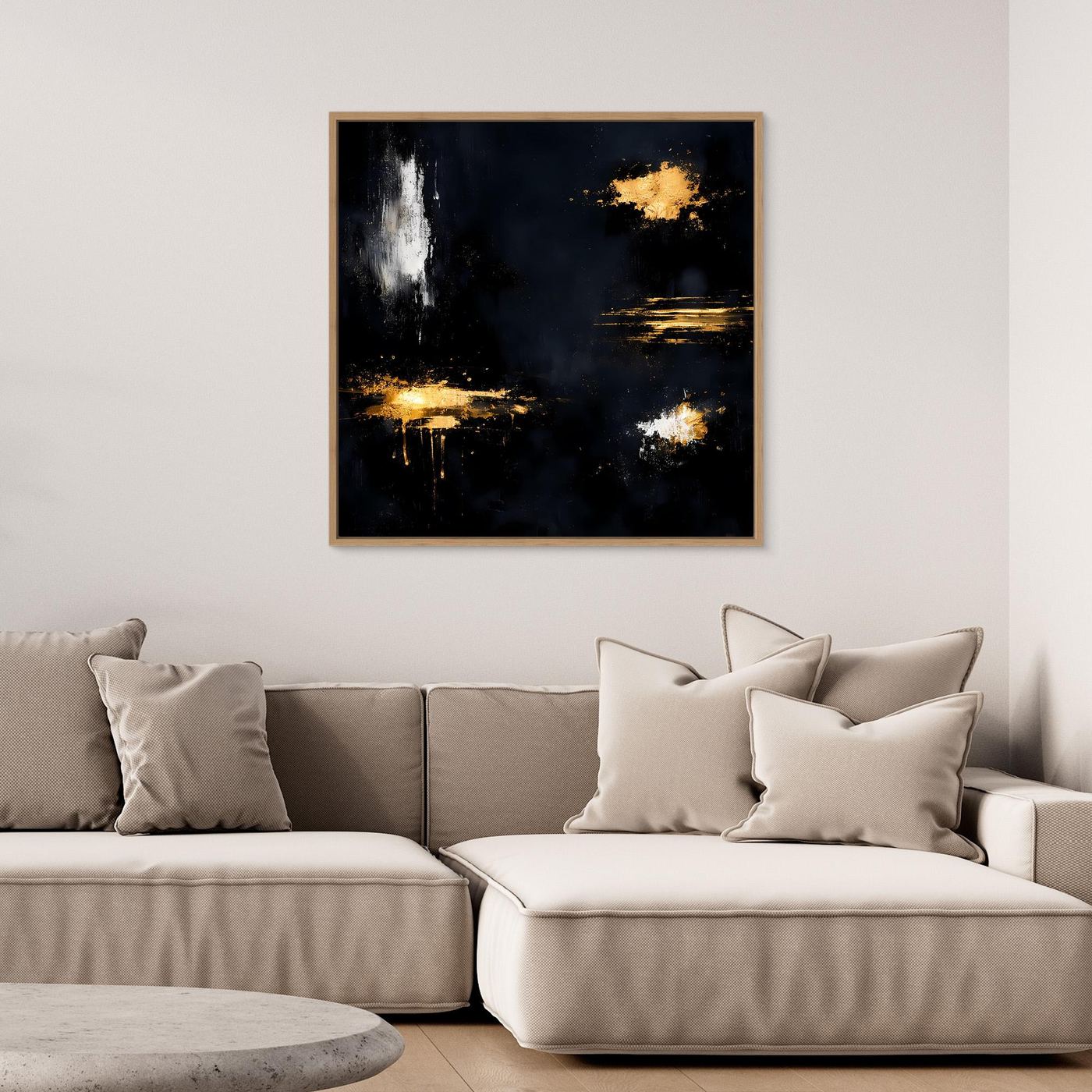 Leinwand Goldene Lichtakzente auf Schwarz | Modernes Abstraktes Minimalismus Wandbild