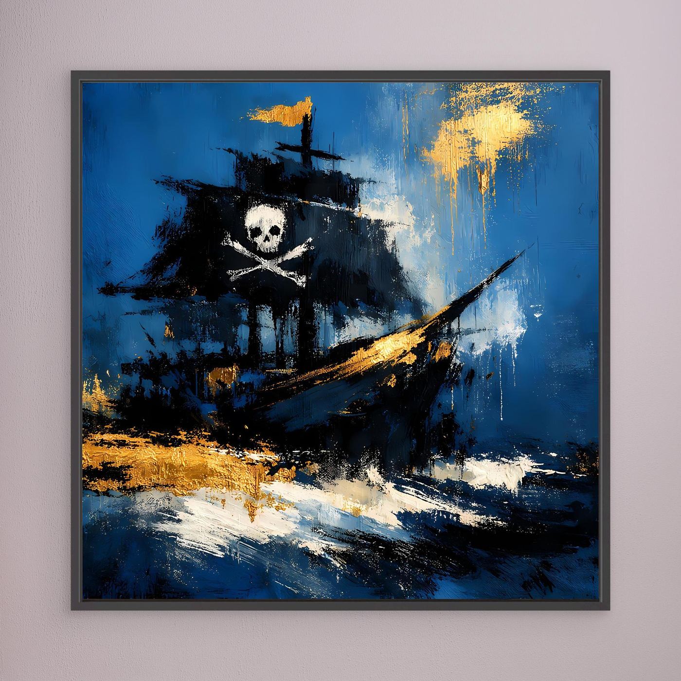 Quadratisches Leinwand-Wandbild mit Piratenschiff, blau-schwarzer Abstraktion, goldene Akzente, dunkel