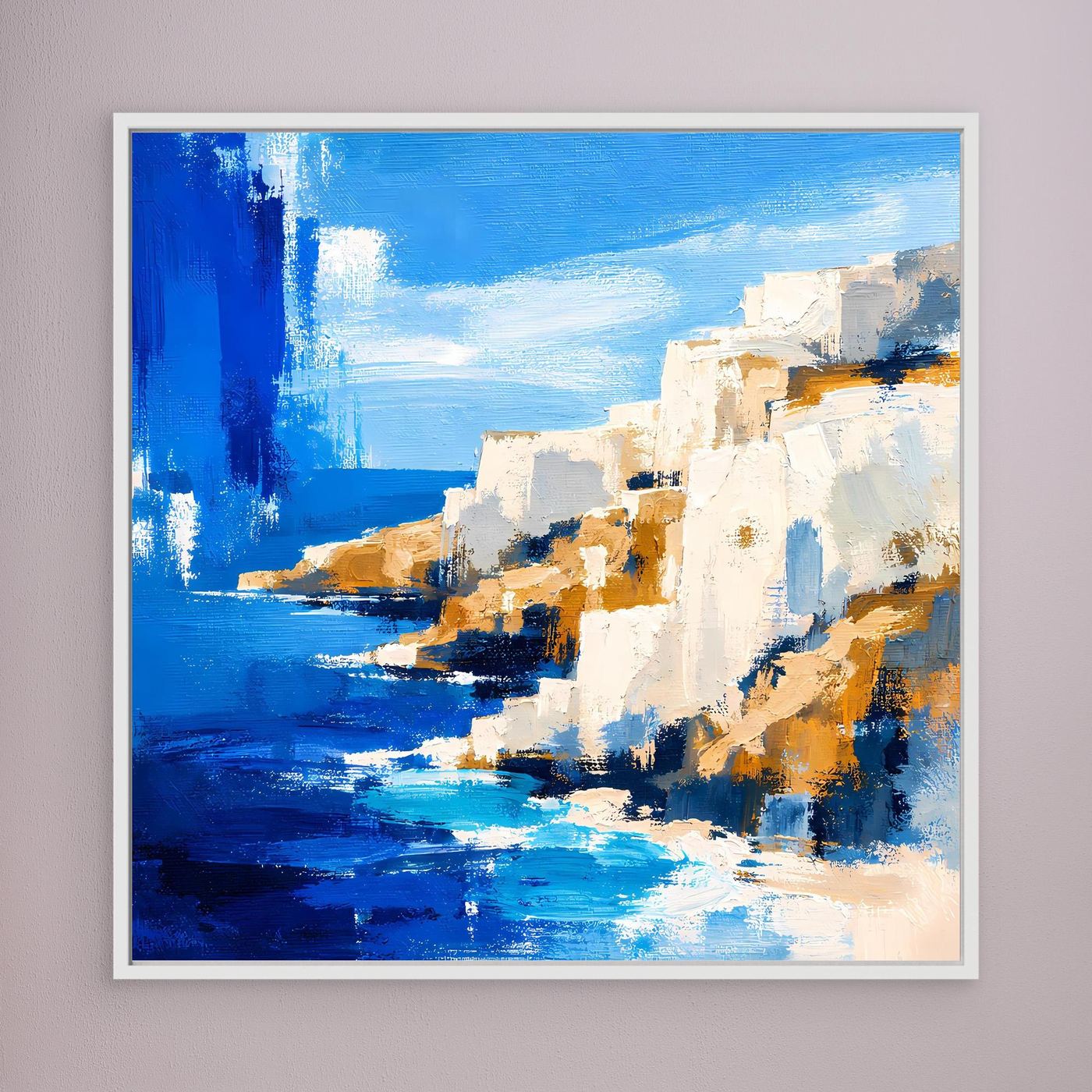 Leinwand-Wandbild mit abstrakter Küstenlandschaft in Blau und Weiß, weiß gerahmt