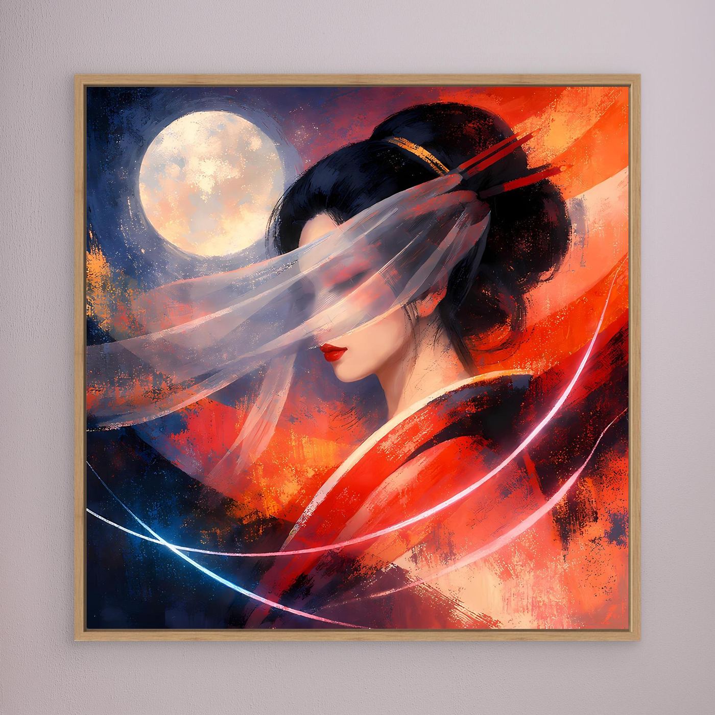 Gerahmtes Leinwandbild mit Geisha-Figur, Mondmotiv, rote Pinselstriche und blaue Akzente