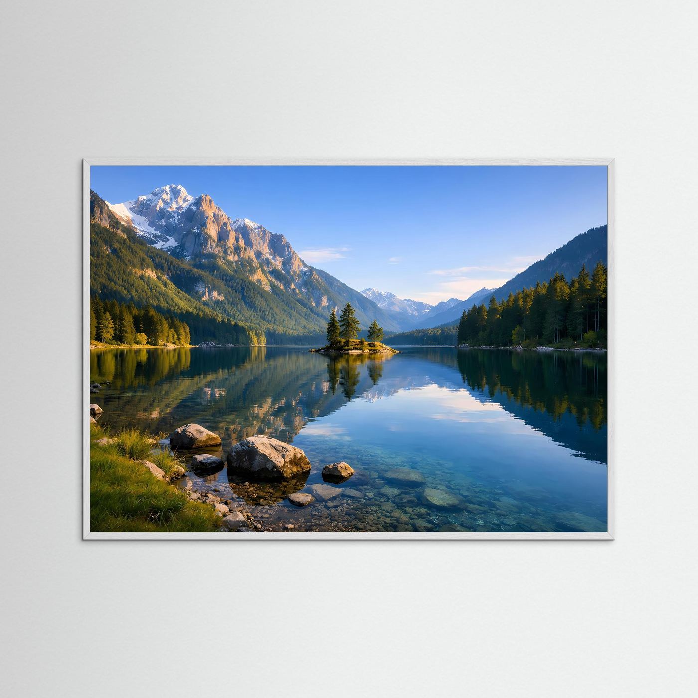 Panoramawandbild mit ruhigem See und Bergen im grauen Holzrahmen