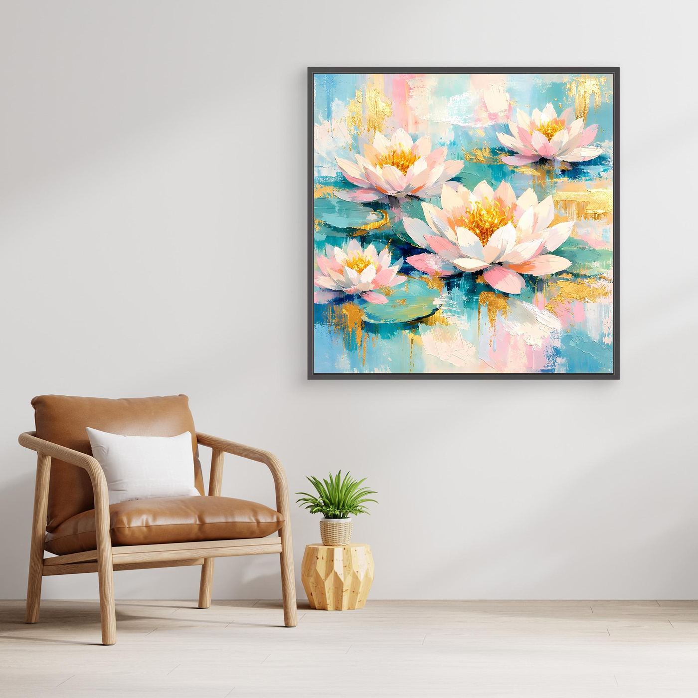Leinwandbild mit Seerosenblüten in Pastellfarben mit dunklem Rahmen