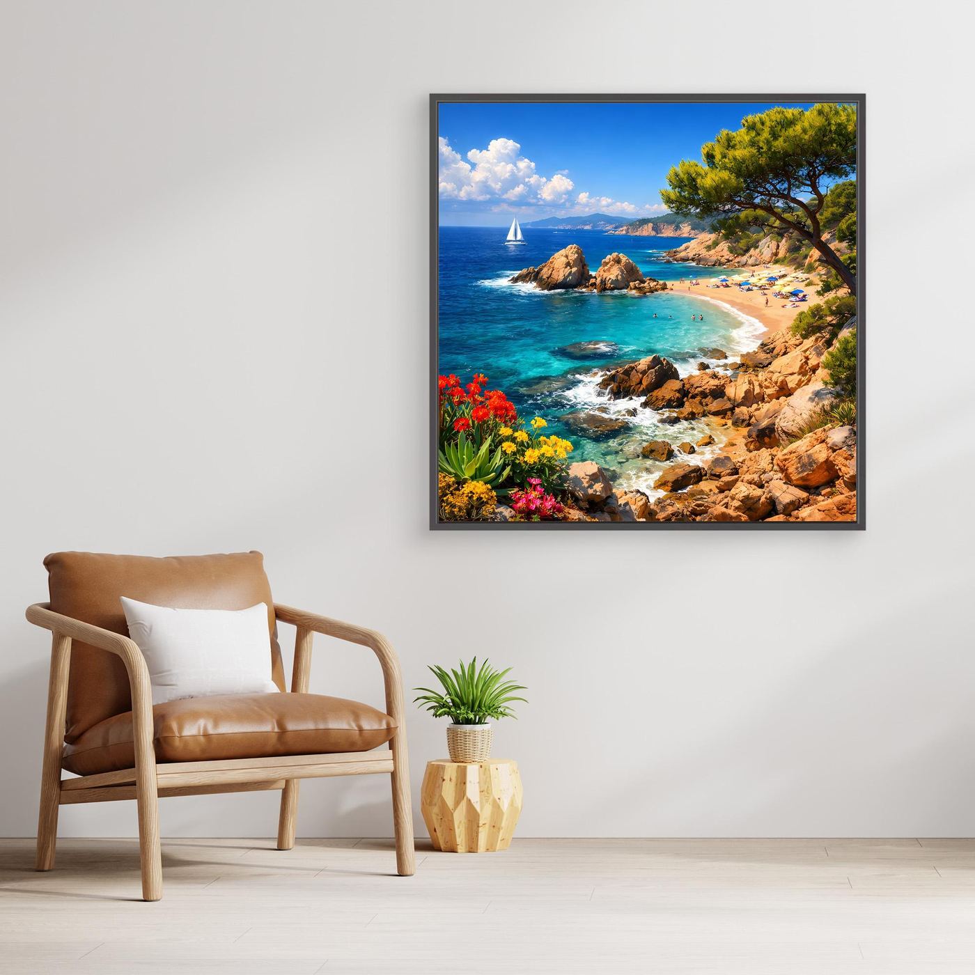 Leinwand-Wandbild im schwarzen Rahmen: Küstenbucht mit türkisblauem Meer und Sandstrand