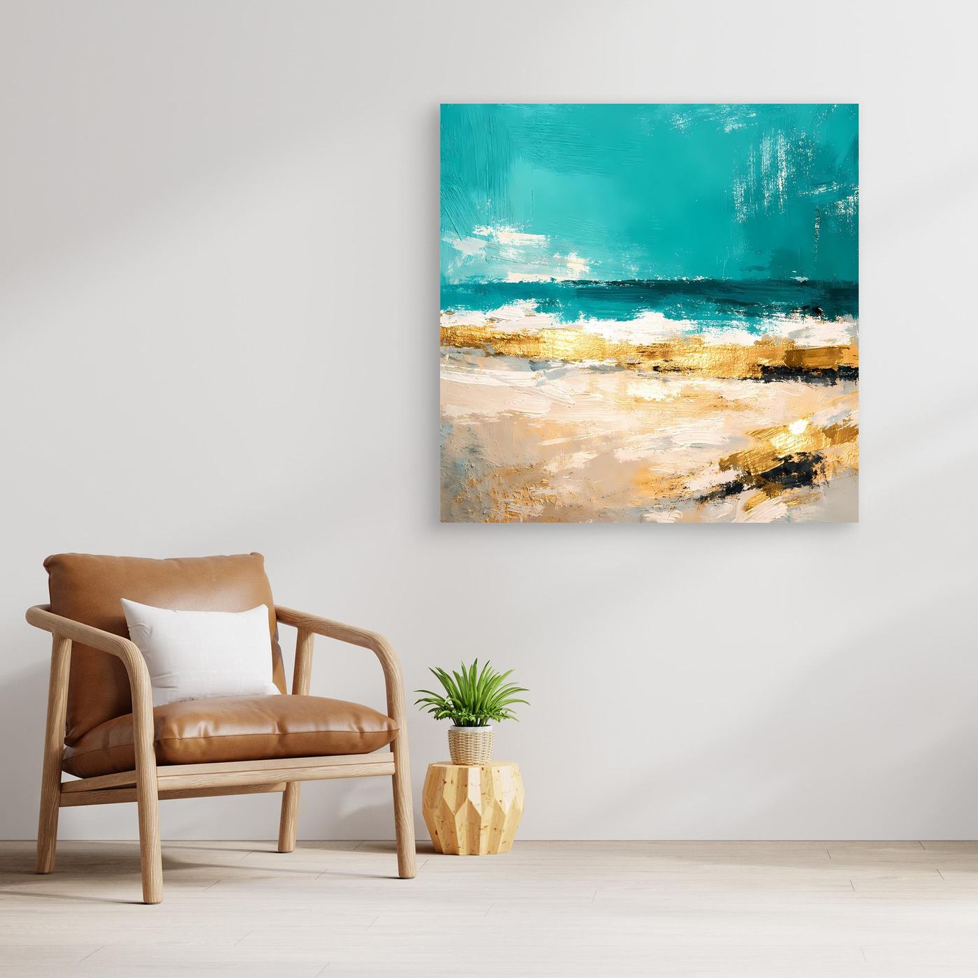 Leinwand Abstraktes Strandgemälde in Türkis und Gold | Modernes Meer Wandbild