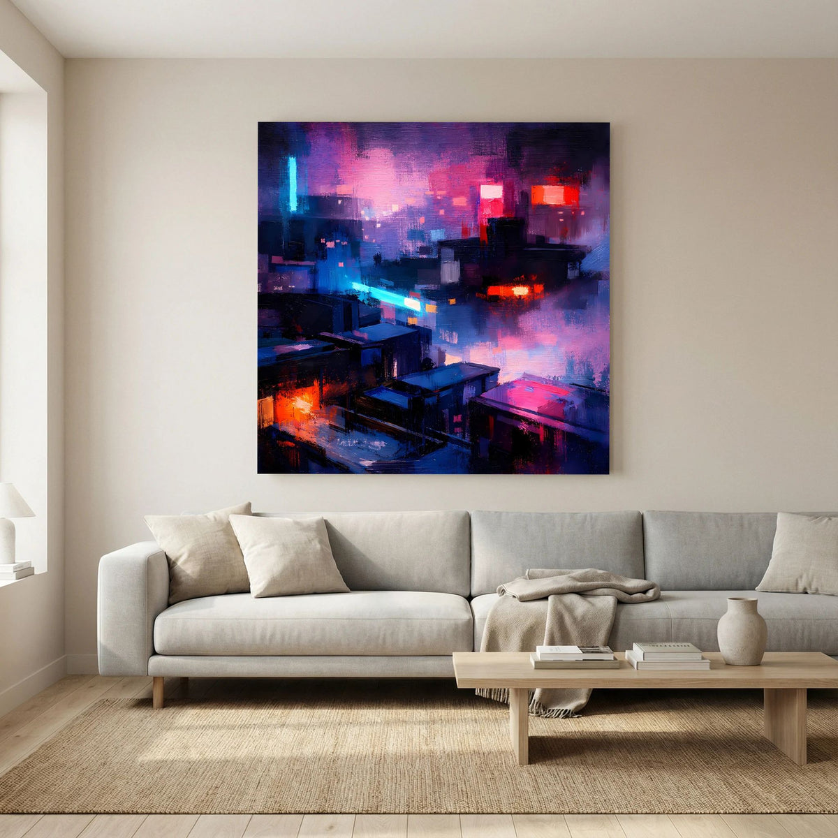 Quadratisches Leinwand-Wandbild mit abstrakter Stadt bei Nacht, violette und blaue Lichtflächen