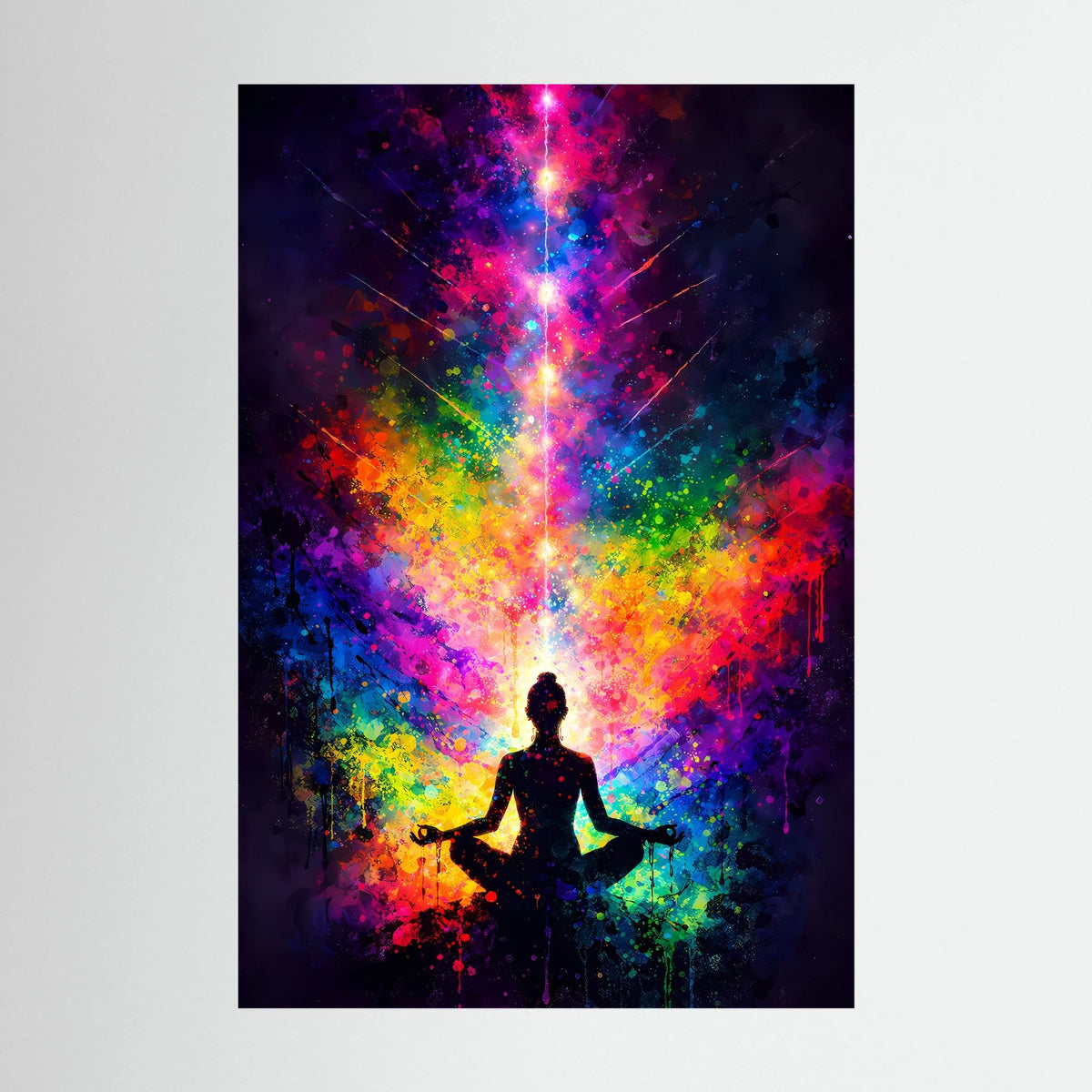 Hochformatiges Poster mit Meditations-Silhouette und leuchtender, farbiger Aura