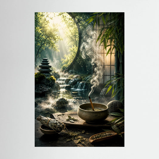 Poster im Hochformat: Zen-Garten mit Räucherschale, aufsteigendem Rauch, Bambus und Wasserfall