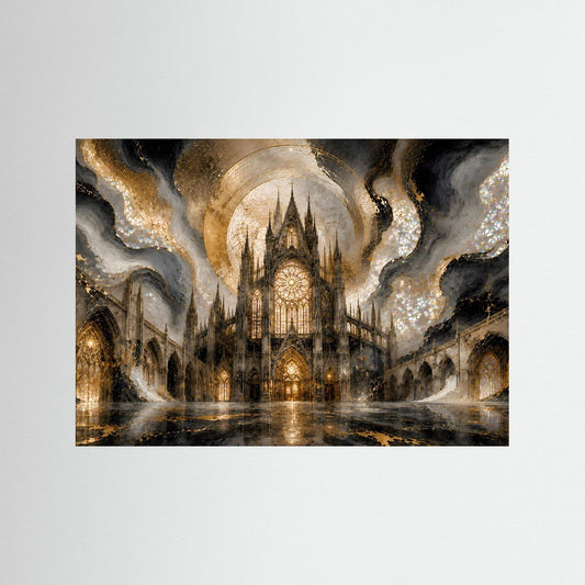 Wandkunst mit gotischer Kathedrale in Gold und Perlmutt, ohne sichtbaren Rahmen