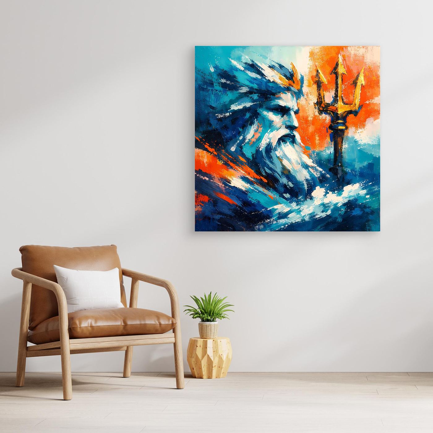 Abstract wall art, blue waves and teal face, orange candles