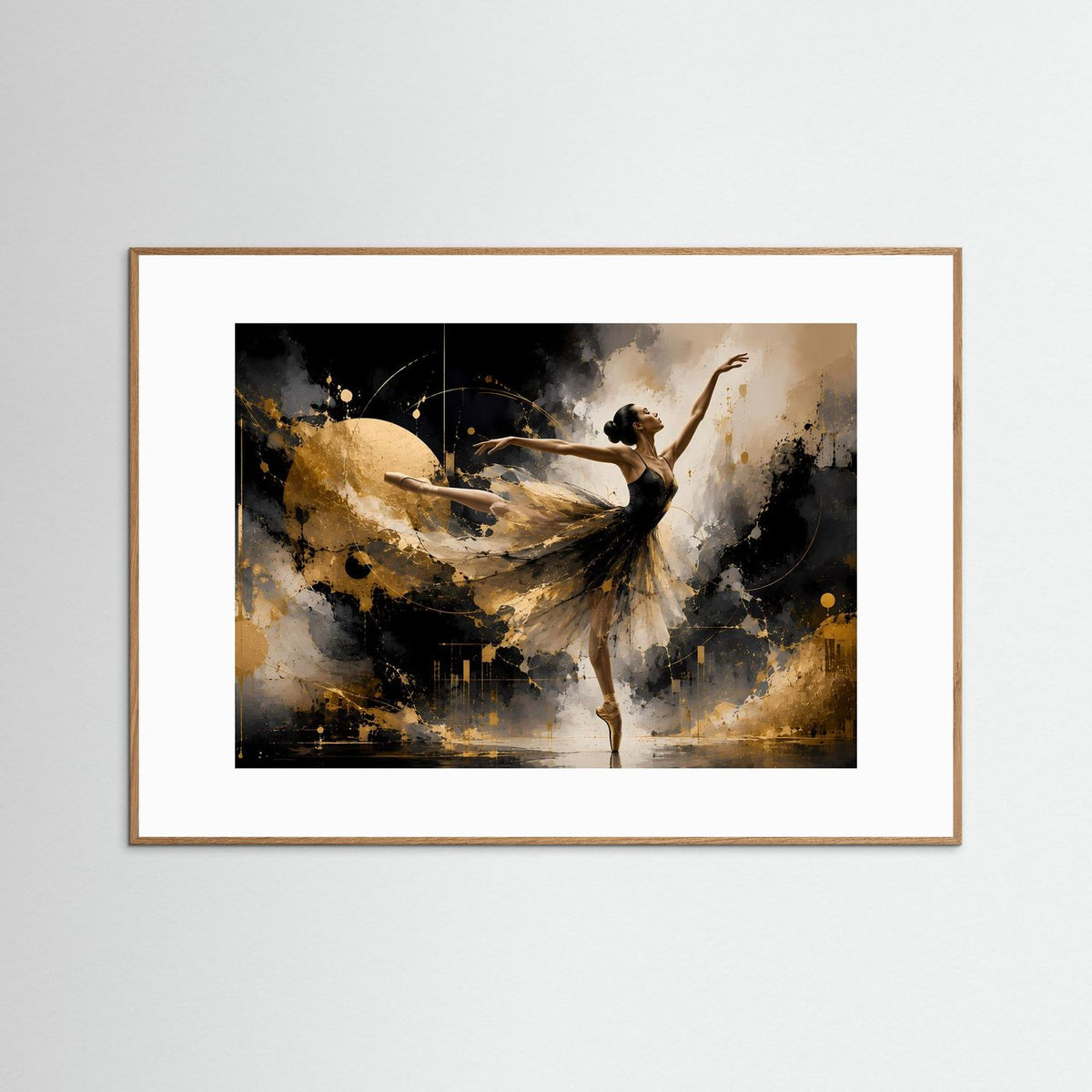 Ballett-Wandbild im hellen Holzrahmen mit abstrakter Tänzerin in Schwarz und Gold, Querformat