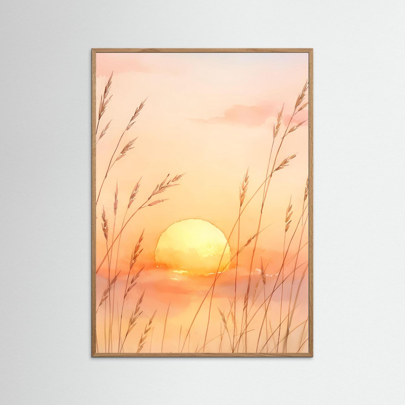Wandbild mit Sonnenuntergang über Gräsern, hellbraun gerahmt