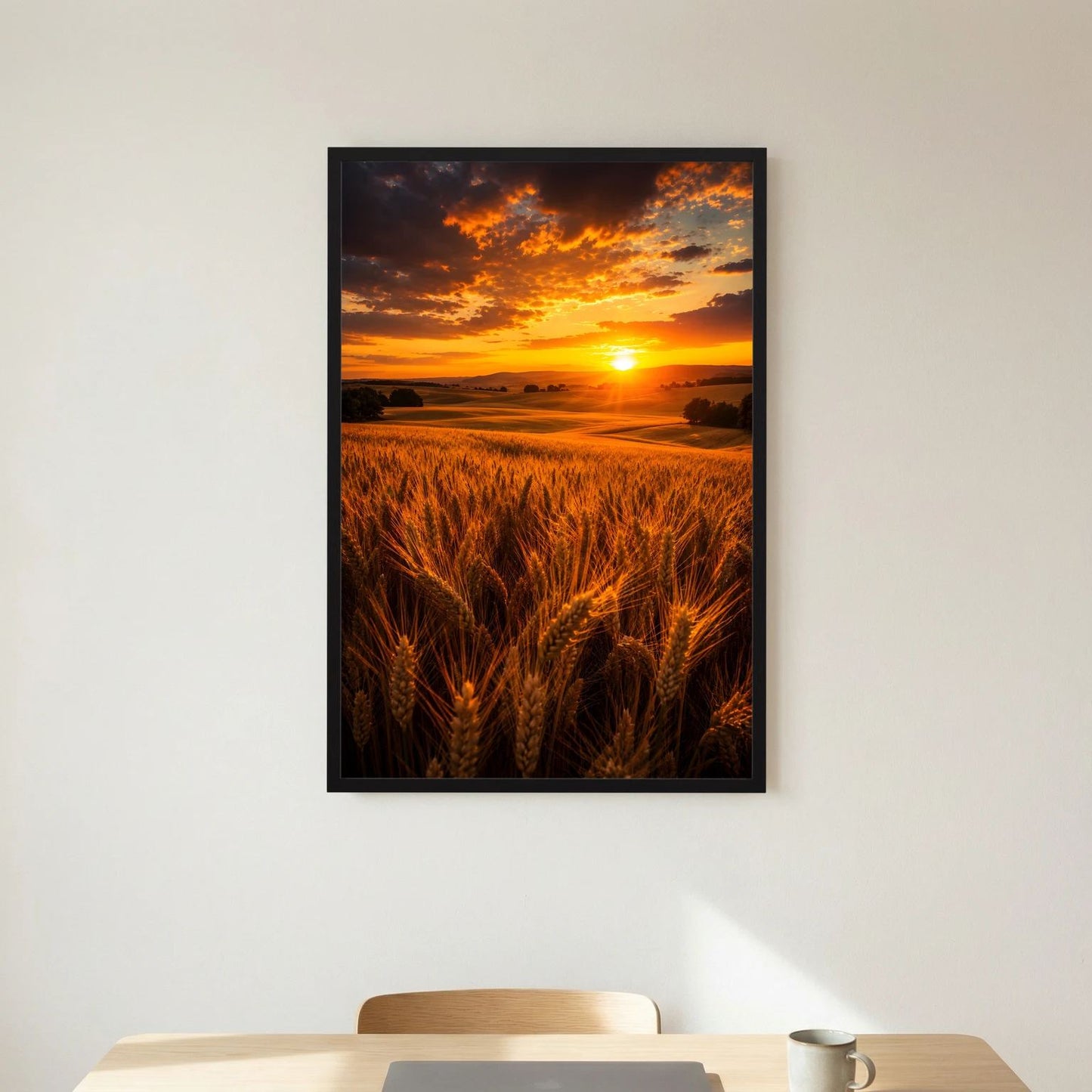 Poster im Hochformat mit Sonnenuntergang über goldenem Weizenfeld im schwarzen Bilderrahmen