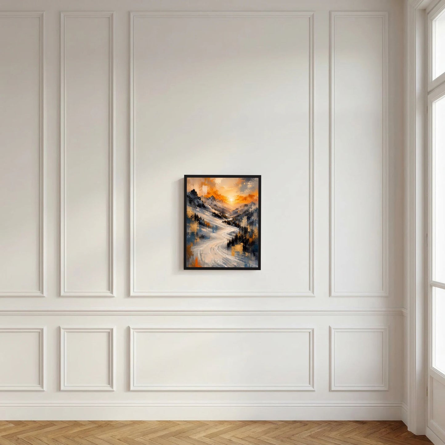 Gerahmtes Poster mit verschneiter Winterlandschaft und orangefarbenem Himmel