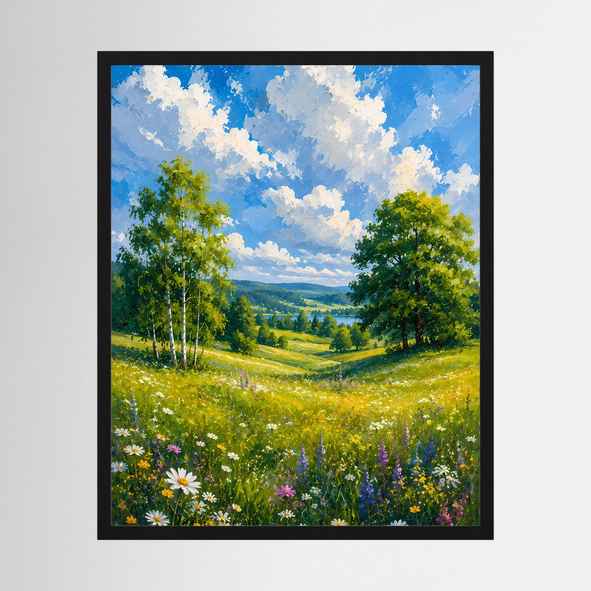 Dunkel gerahmtes Kunstposter mit Blumenwiese, Bäumen und blauem Himmel