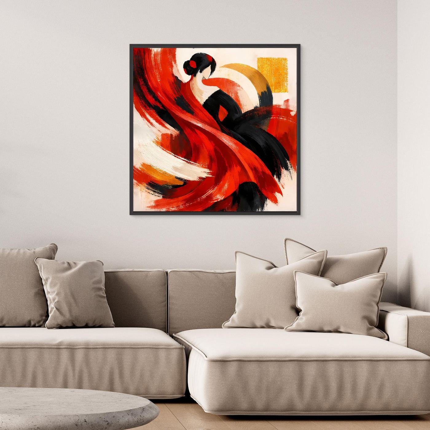 Gerahmtes Leinwandbild Flamenco-Tänzerin, rote und schwarze Abstraktion, schwarzer Rahmen