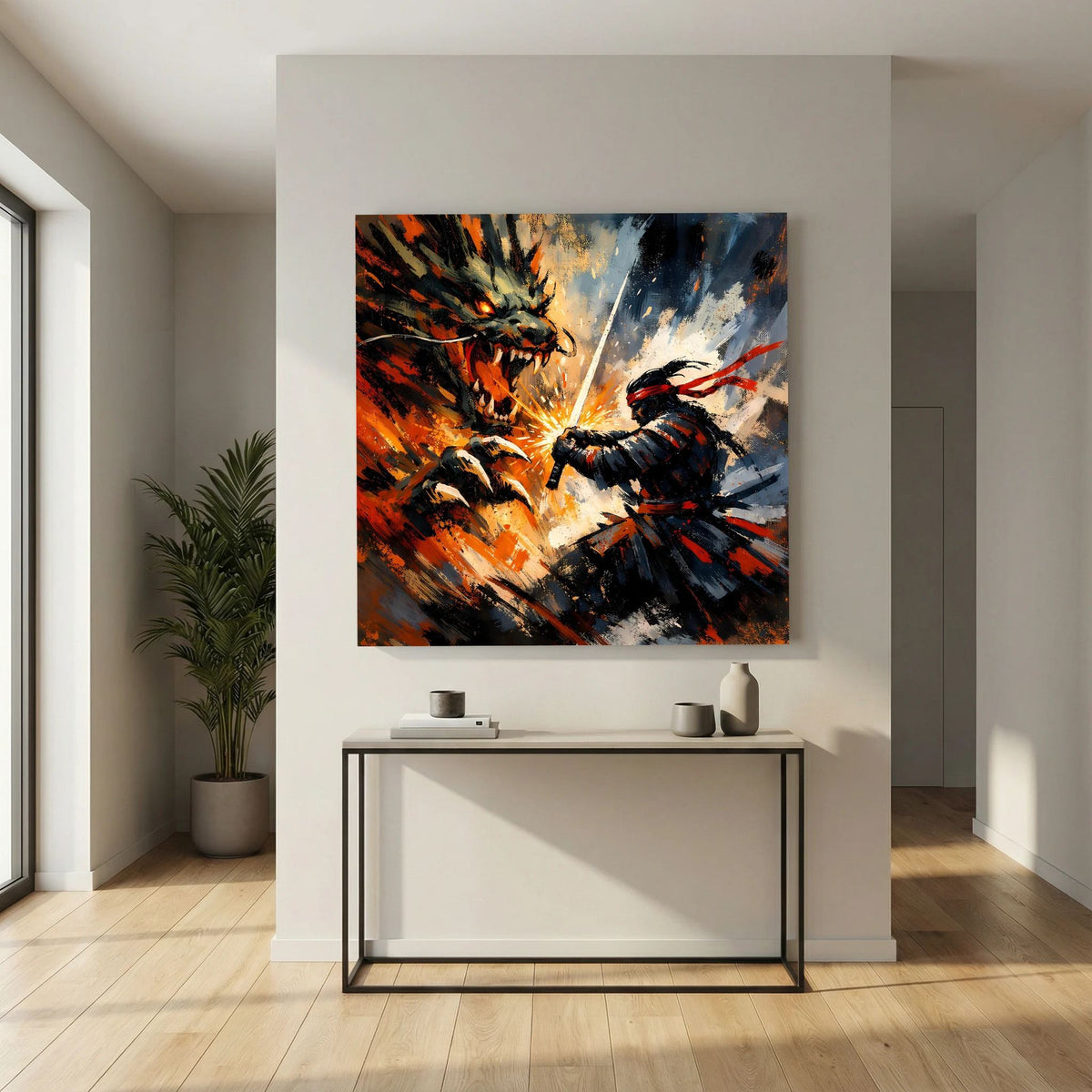 Leinwandbild: Samurai und Drache im Nahkampf, kontrastreiche Spritzer in Schwarz und Hellblau