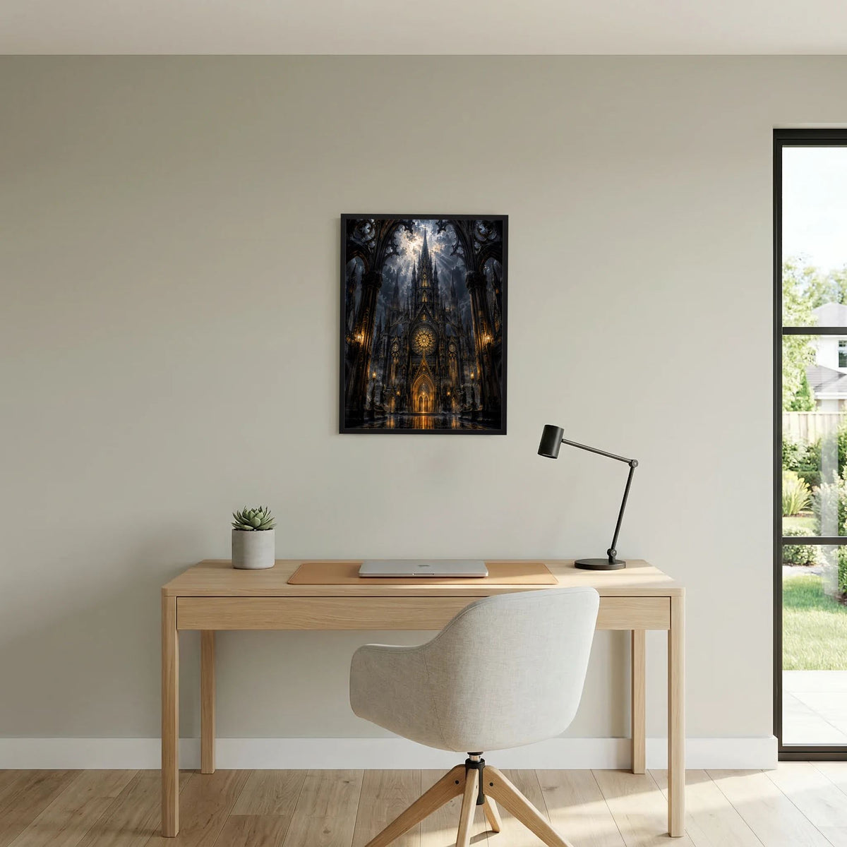 Hochformat-Poster mit gotischer Kathedrale in Schwarz und Gold, schwarzer Rahmen