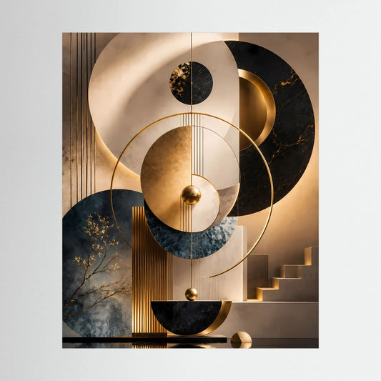 Abstraktes Poster (Hochformat) mit goldenen Kreisen in Schwarz, Beige und Petrol