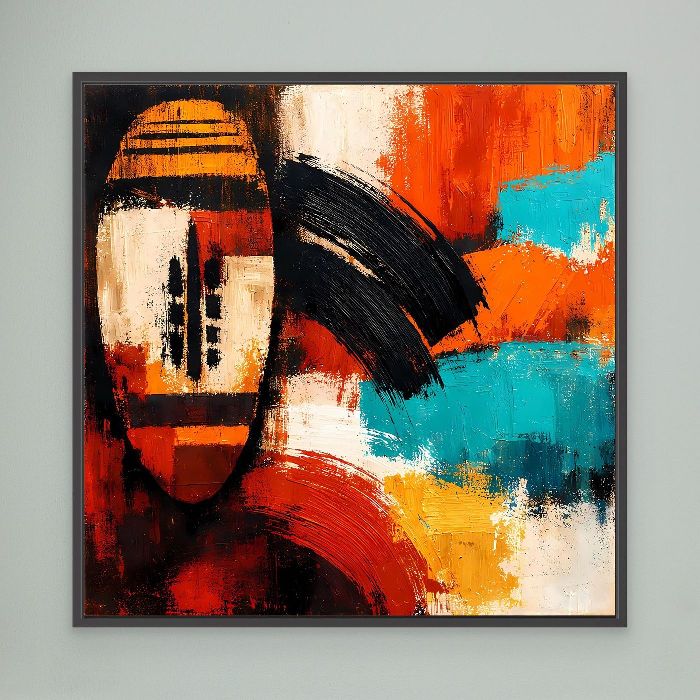Abstract African mask wall art with red and turquoise blocks and black strokes; dark frame
