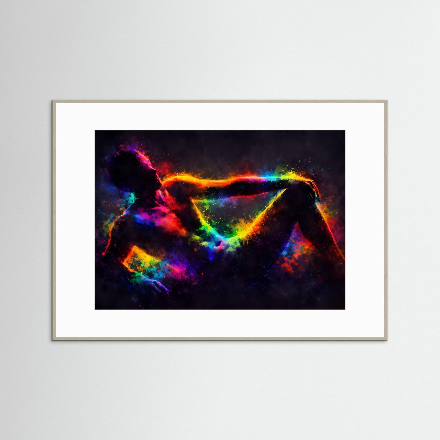 Abstraktes Kunstposter Querformat: farbige Figuren-Abstraktion, weißer Rahmen