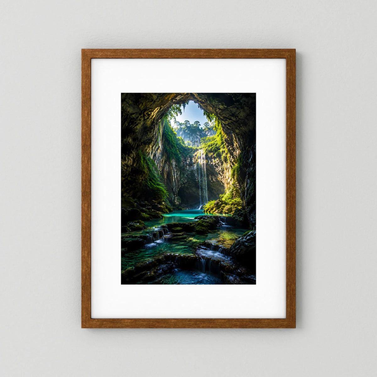 Hochformatiges Kunstposter: Wasserfallhöhle mit türkisfarbenem Fluss, brauner Holzrahmen