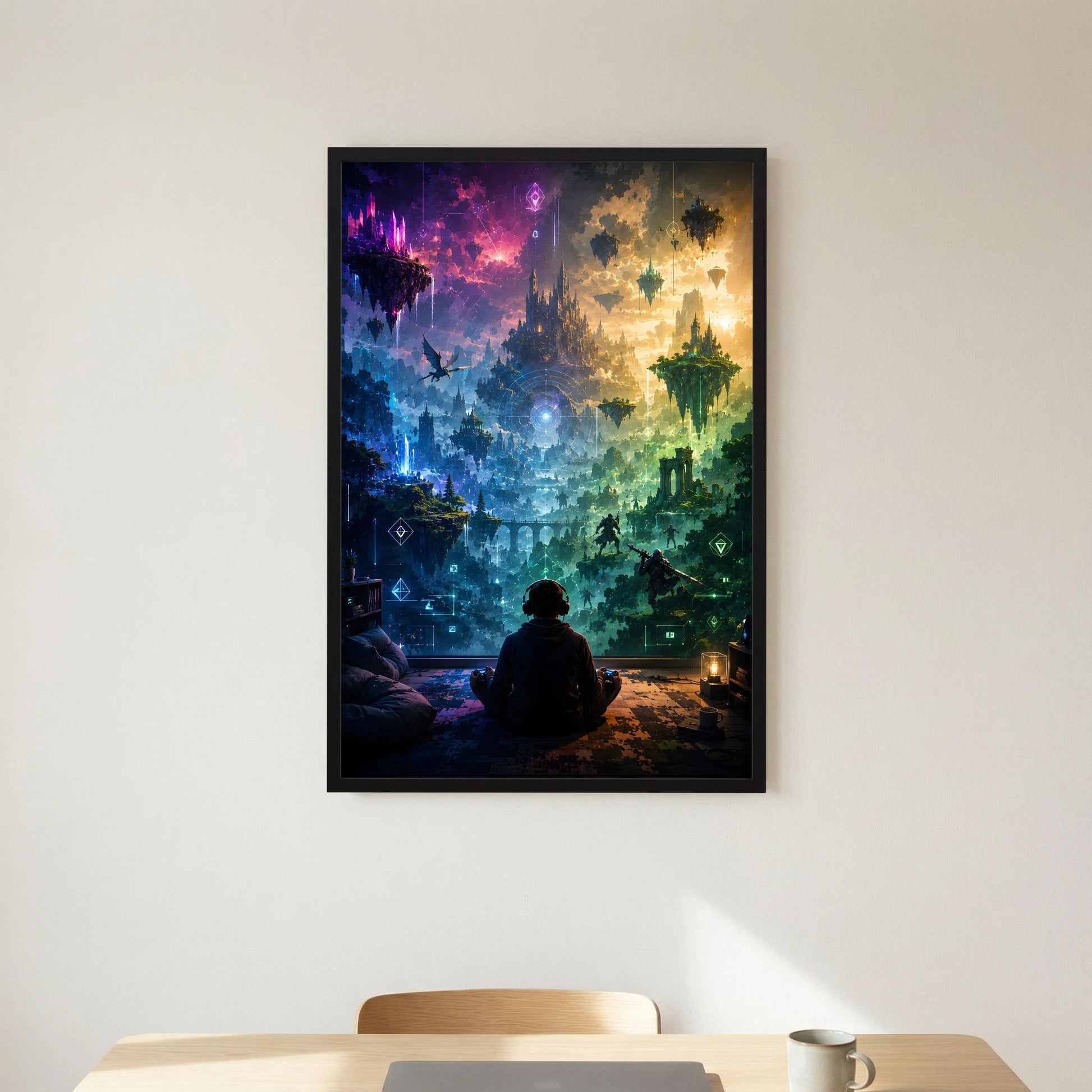 Kunstposter im schwarzen Rahmen, Gaming-Fantasy-Motiv mit schwebenden Inseln und Figur