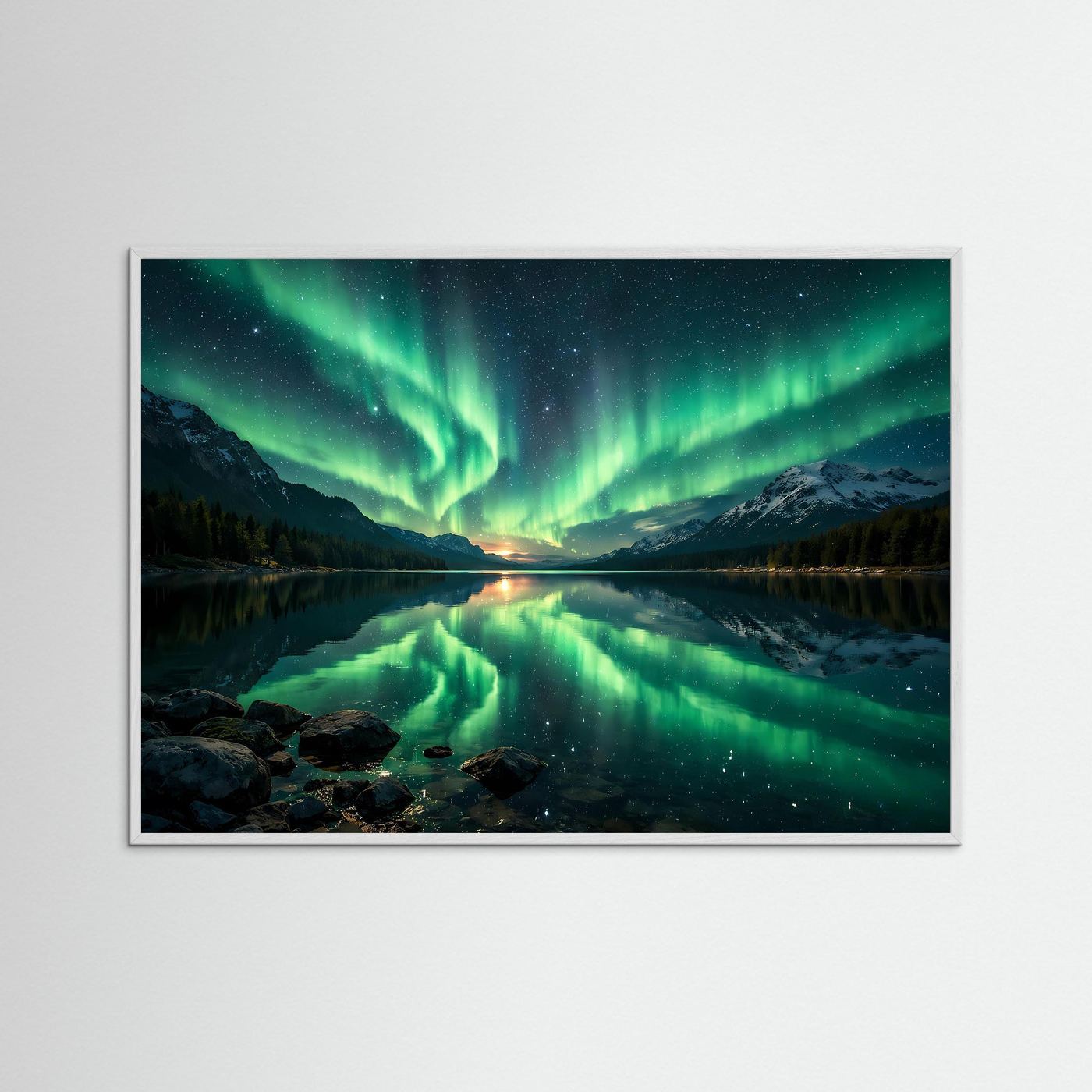 Poster mit Polarlichtern über Bergsee, grünes Leuchten, grauer Rahmen