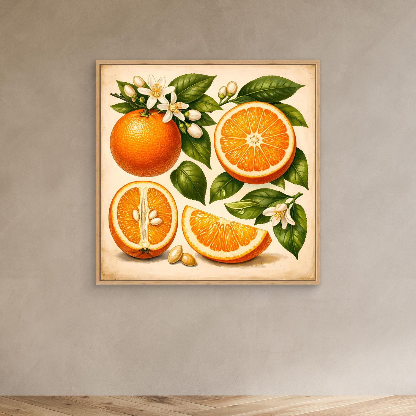 Gerahmtes Leinwandbild mit Orangen und grünen Blättern, weiße Blüten, heller Rahmen