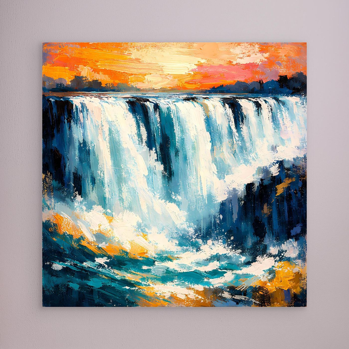 Abstraktes Wandbild mit Wasserfall in Blau, orangefarbene Himmelpartie