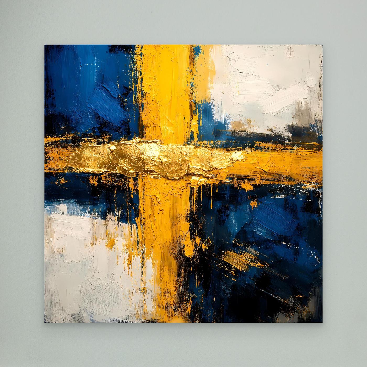 Leinwand-Abstraktbild mit gelbem senkrechtem Strich, blauem Hintergrund und Goldband