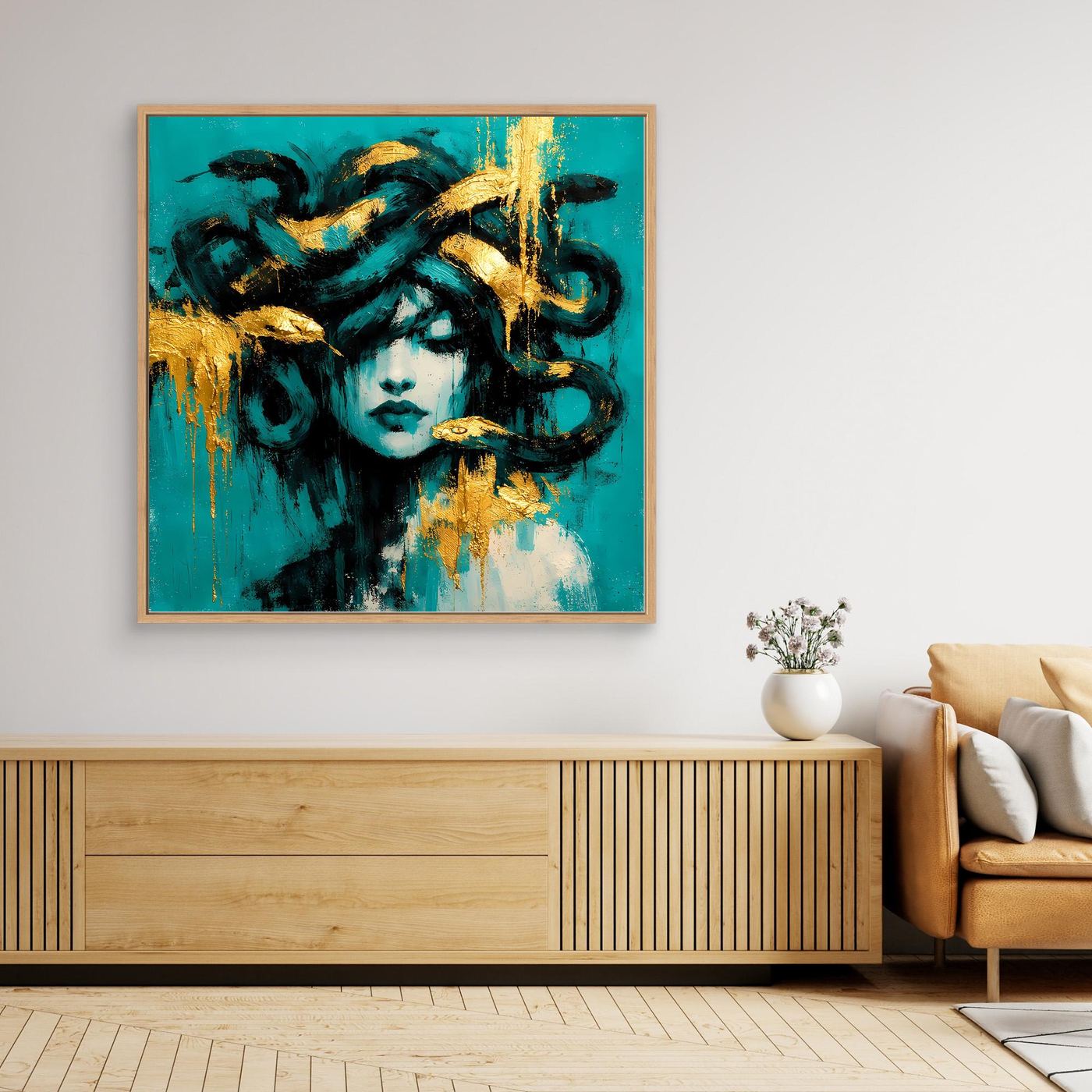 Leinwand Mythische Medusa in Türkis und Gold | Abstraktes Gorgonen Wandbild