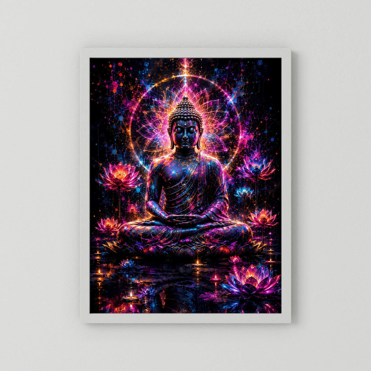 Poster im weißen Rahmen: sitzender Buddha, Neon-Lotus, farbige Lichtpunkte und Aura