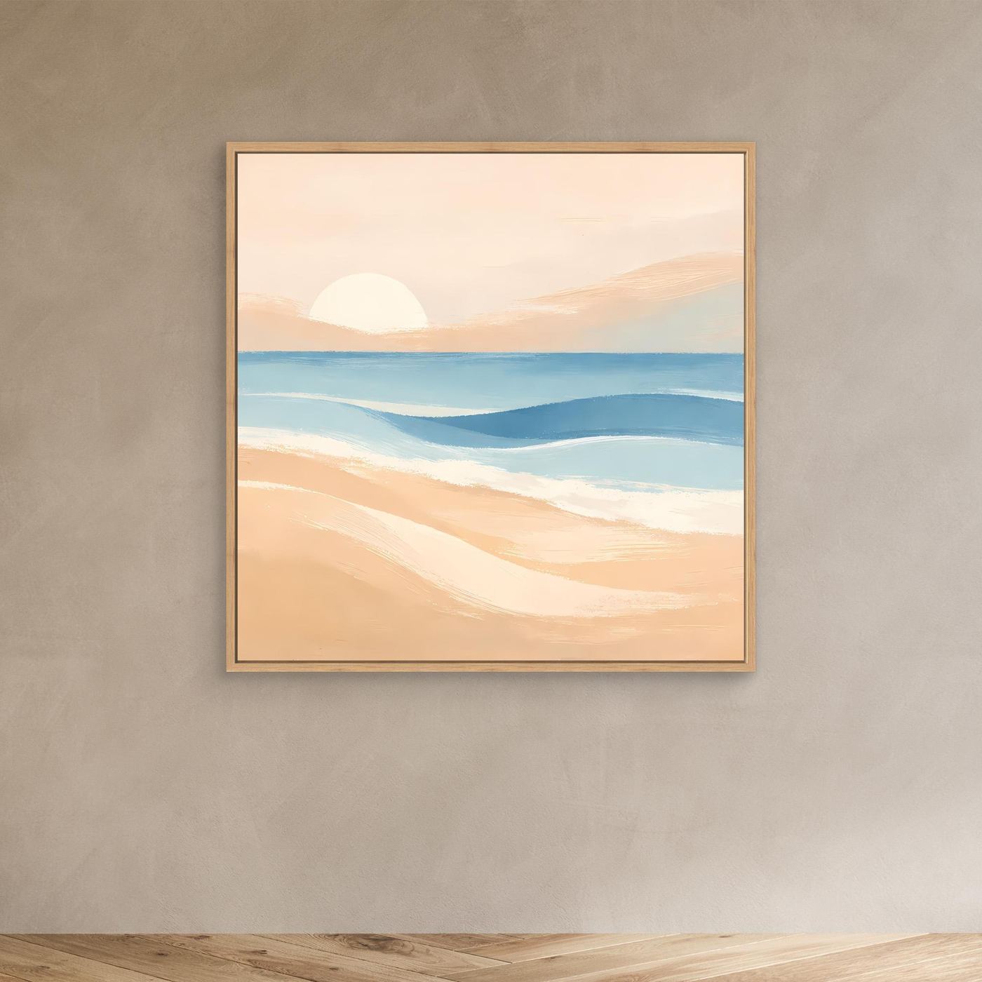 Abstraktes Leinwandbild Strand und Sonnenuntergang mit Eichenholzrahmen